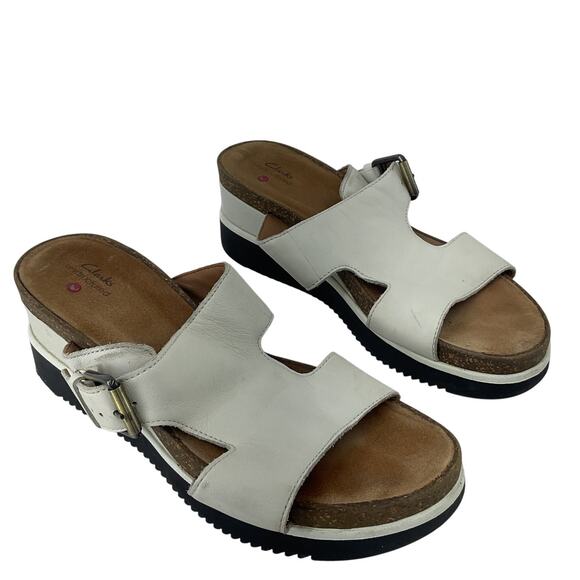 Clarks Lizby Strap Women's White Leather Slide Wedge Sandals Size 9 Preowned - Picture 1 of 8